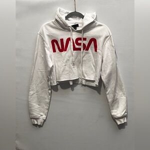 Chemistry White Cropped Hoodie with Red NASA Logo Small